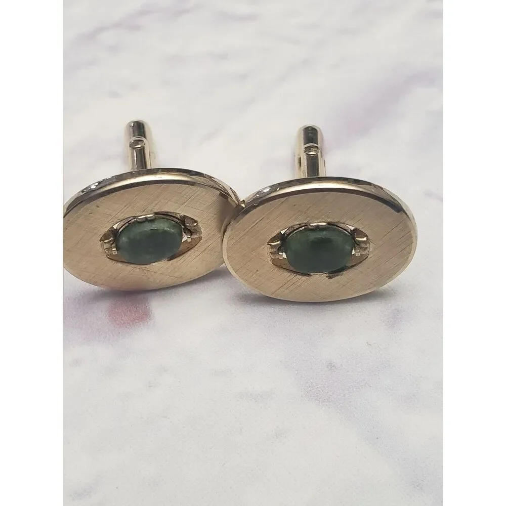 VINTAGE SWANK Goldtone & Green Agate Cuff Links